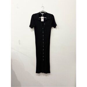 Ribbed Button-Front Polo Mini Dress - Black